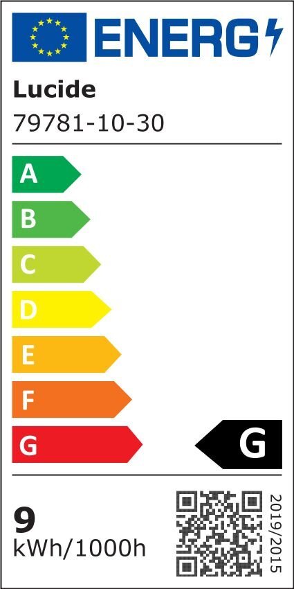 Etykieta energetyczna z logo UE i napisem \'ENERG\'. Widnieje nazwa \'Lucide\' oraz numer \'79781-10-30\', a klasa energetyczna oznaczona jest jako \'G\' z zużyciem 9 kWh/1000h.