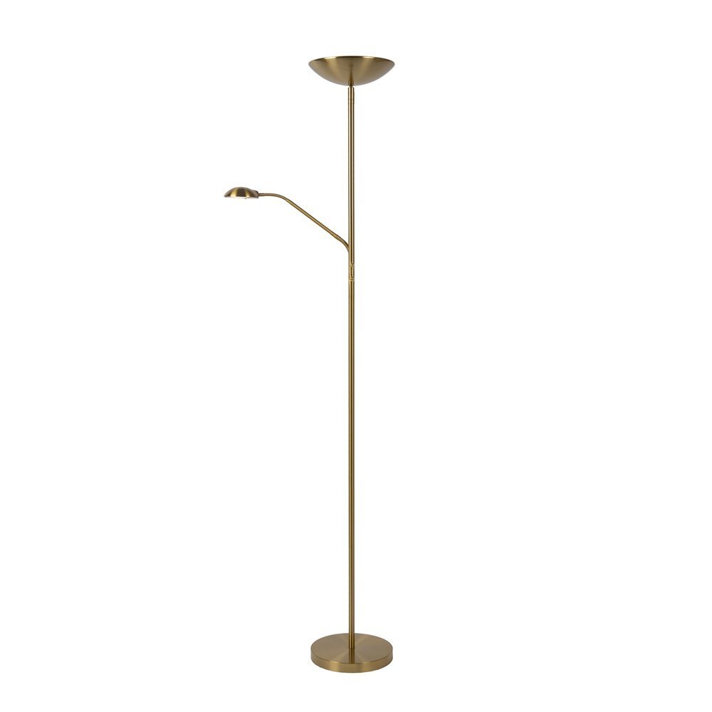 Lampa podłogowa w kolorze złotym z dwoma źródłami światła, jednym skierowanym w górę i drugim na wysięgniku. Posiada okrągłą podstawę i smukły trzon.