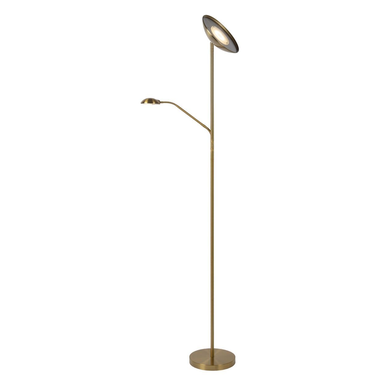 Lampa podłogowa LED o smukłej konstrukcji w kolorze złotym, z dwoma źródłami światła na różnych wysokościach. Posiada okrągłą podstawę i minimalistyczny design.
