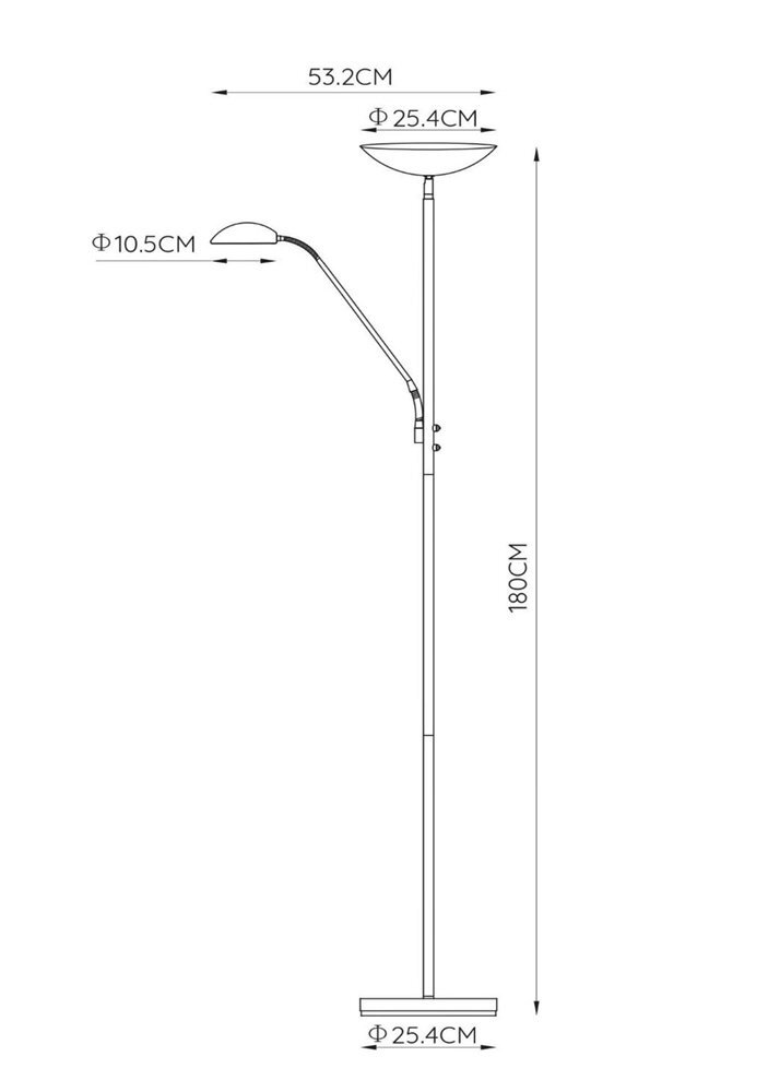 Schemat lampy podłogowej z wymiarami: wysokość 180 cm, średnica podstawy 25.4 cm, średnica górnego klosza 25.4 cm, długość ramienia 53.2 cm, średnica mniejszego klosza 10.5 cm.