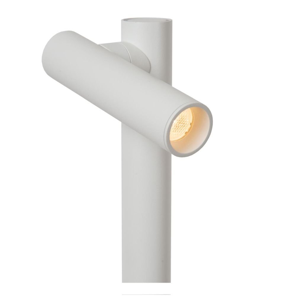 Biała lampa podłogowa LED o cylindrycznym kształcie z widocznym źródłem światła. Lampa ma prosty, nowoczesny design.