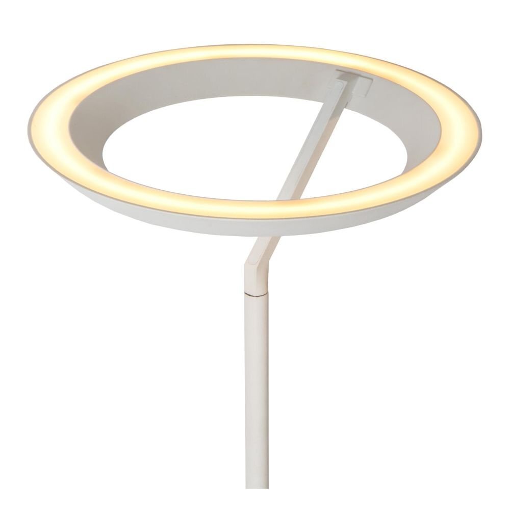 Biała lampa podłogowa LED o nowoczesnym designie z okrągłym, świecącym pierścieniem. Lampa ma prosty, smukły trzon.