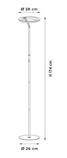 Schematyczny rysunek lampy podłogowej z okrągłą podstawą i okrągłym kloszem na górze. Wymiary: wysokość 174 cm, średnica klosza 28 cm, średnica podstawy 26 cm.