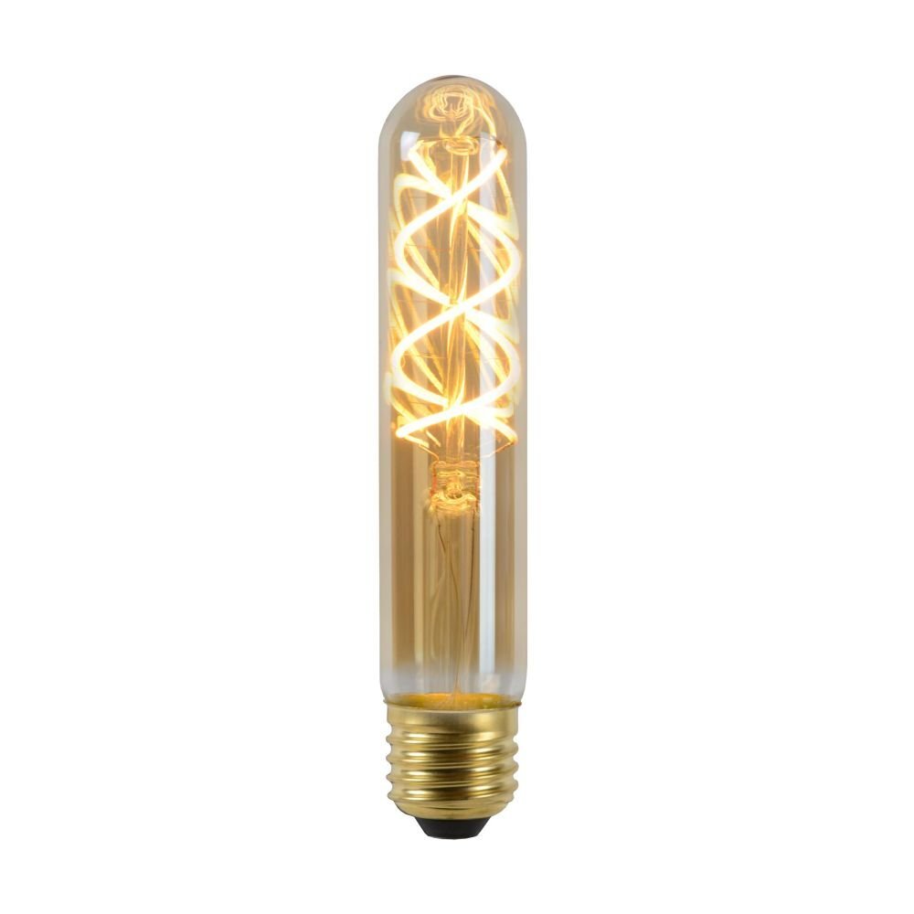Żarówka LED o podłużnym kształcie z widocznym spiralnym filamentem, emitująca ciepłe, żółte światło. Posiada metalową oprawkę w kolorze złotym.