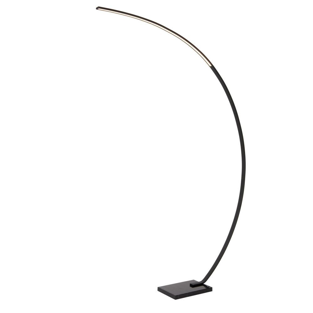 Czarna, zakrzywiona lampa podłogowa z prostokątną podstawą i smukłym, łukowatym ramieniem. Lampa ma nowoczesny design i jest wyposażona w źródło światła LED.