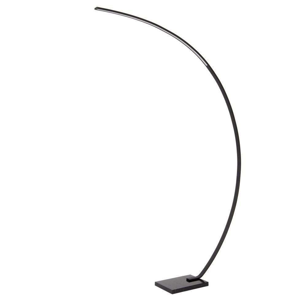 Czarna, łukowata lampa podłogowa z prostokątną podstawą. Lampa ma nowoczesny design i jest ściemnialna.