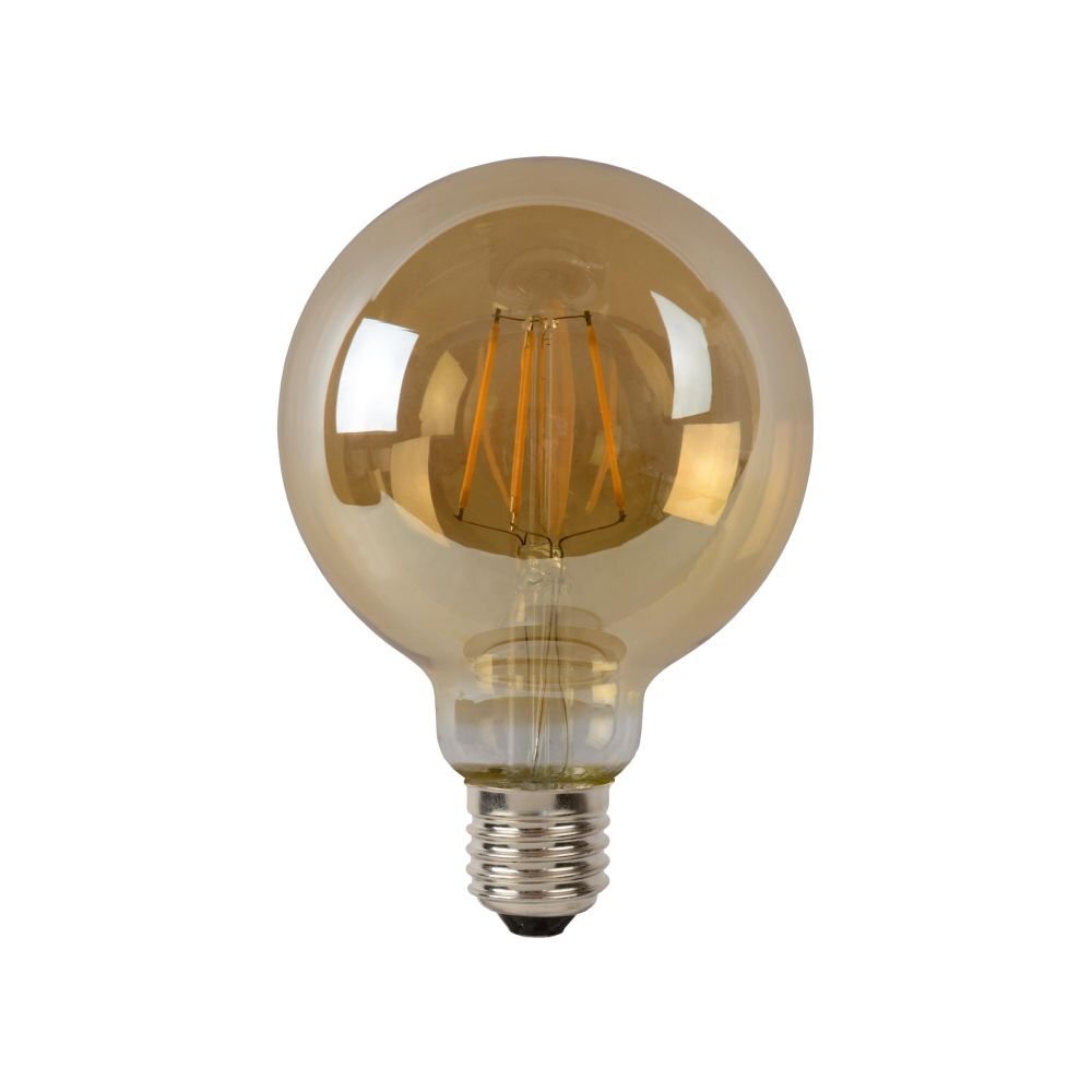 Żarówka LED o retro wyglądzie z przezroczystą, bursztynową bańką i widocznymi żarnikami. Posiada metalowy gwint E27.