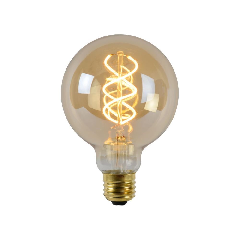 Żarówka LED z przezroczystą szklaną bańką i widocznym spiralnym filamentem. Posiada metalowy gwint E27 w kolorze złotym.