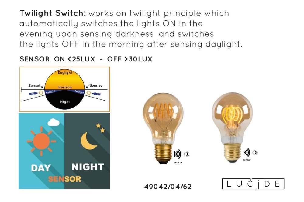 Obraz przedstawia dwie żarówki z czujnikiem zmierzchu oraz diagramy ilustrujące działanie czujnika. Widoczny tekst: \'Twilight Switch: works on twilight principle which automatically switches the lights ON in the evening upon sensing darkness and switches the lights OFF in the morning after sensing daylight. SENSOR ON <25LUX - OFF >30LUX\', \'DAY NIGHT SENSOR\', \'49042/04/62\', \'LUCIDE\'.