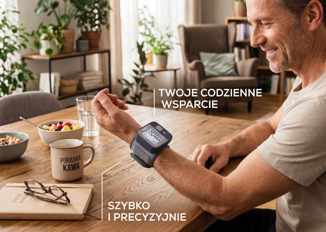 Ciśnieniomierz BEURER BC 1R zdjęcie lifestyle Pamięć dla dwóch osób do 120 wyników  po 60 pomiarów dla dwóch użytkowników Automatycznie oblicza średnią ze wszystkich zapisanych pomiarów z ostatnich 7 dni