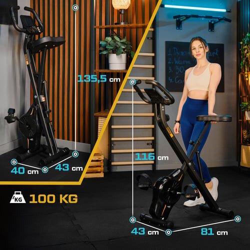 Obraz przedstawia czarny rower stacjonarny magnetyczny składany Xbike BRIZ TX-340XB z oznaczeniami wymiarów: 135,5 cm wysokości, 40 cm szerokości, 43 cm głębokości oraz 116 cm wysokości, 43 cm szerokości, 81 cm głębokości. Maksymalne obciążenie wynosi 100 kg.