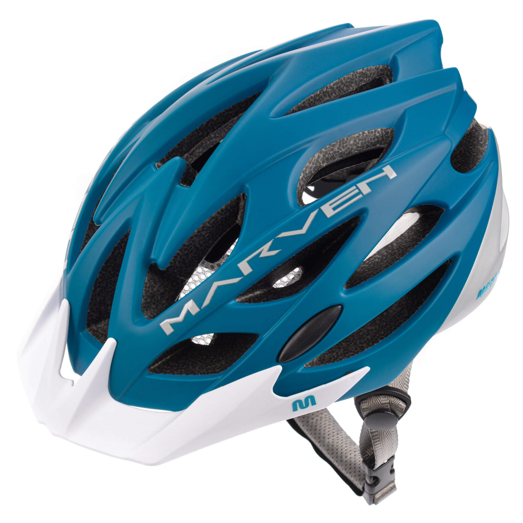 Kask rowerowy w kolorze niebiesko-białym z widocznymi otworami wentylacyjnymi i napisem \'MARVEN\'.