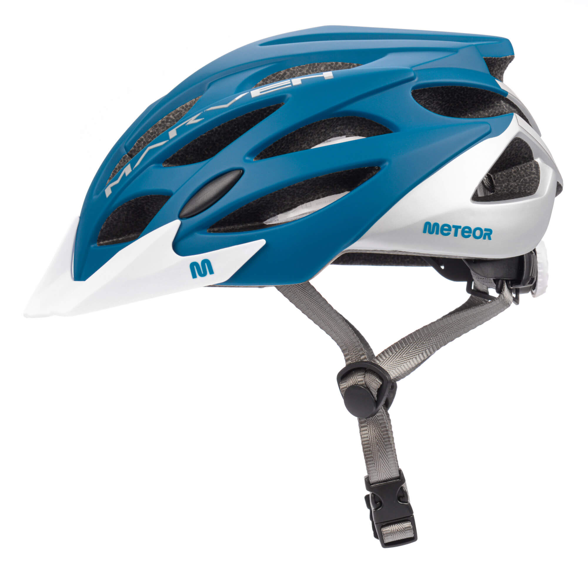 Kask rowerowy w kolorze niebiesko-białym z otworami wentylacyjnymi i regulowanym paskiem. Na kasku widoczne są napisy \'MARVEN\' i \'METEOR\'.