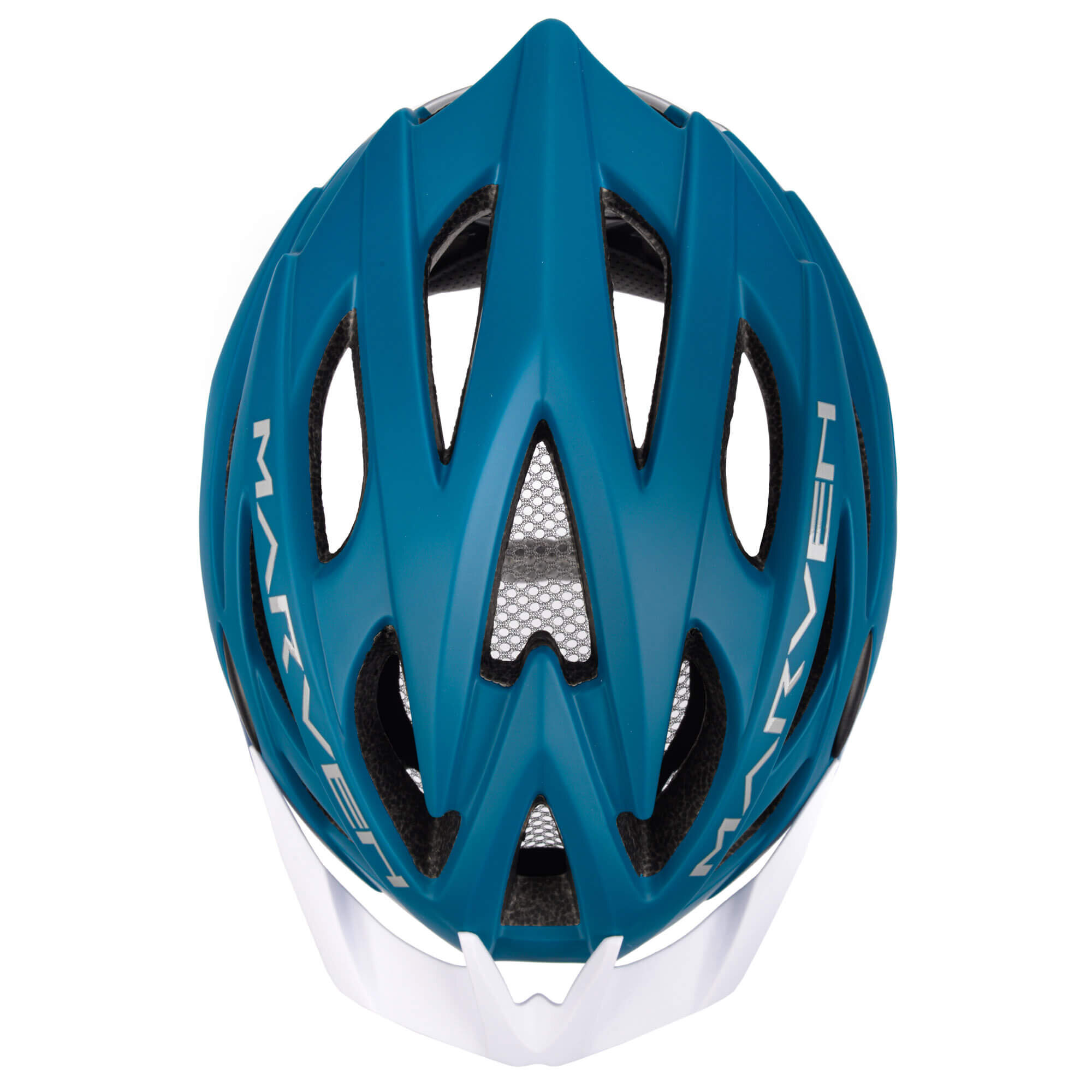 Kask rowerowy w kolorze niebieskim z białymi napisami \'MARVEN\' po bokach. Posiada otwory wentylacyjne z siatką ochronną.