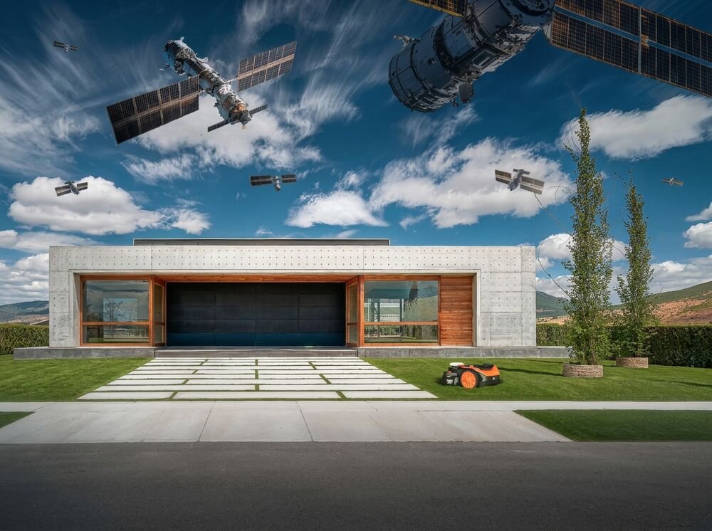 Robot koszący WORX Landroid Vision Cloud WR305E Bez przewodu ograniczającego, chmura, pozycjonowanie, precyzja, nachylenie, Robot na trawniku przed domem z satelitami na niebie.
