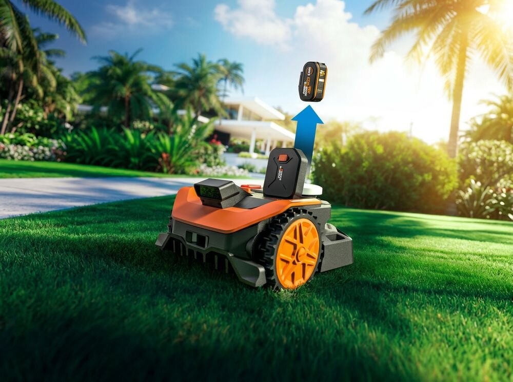 Robot koszący WORX Landroid Vision Cloud WR305E Bez przewodu ograniczającego, akumulator, ładowarka, bateria, zasilanie, Robot koszący trawnik z widoczną wymianą akumulatora.