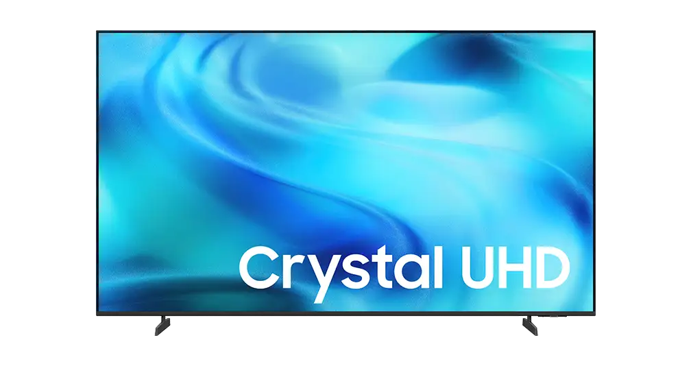 uhd u8092h 65 75 85 inch 1008x534 Telewizor z wyświetlaczem pokazującym abstrakcyjny, niebieski wzór z napisem \'Crystal UHD\'.