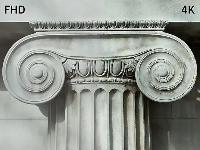 Obraz przedstawia kolumnę w stylu jońskim z widocznymi detalami architektonicznymi. W lewym górnym rogu znajduje się napis \'FHD\', a w prawym górnym rogu \'4K\'.