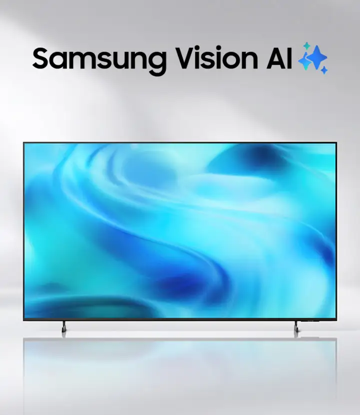 2026-crystal-uhd-kv-mo-start 720x830 Telewizor z cienką ramką wyświetla abstrakcyjny, niebieski wzór. Nad ekranem widoczny jest napis \'Samsung Vision AI\' z ikoną gwiazdki.