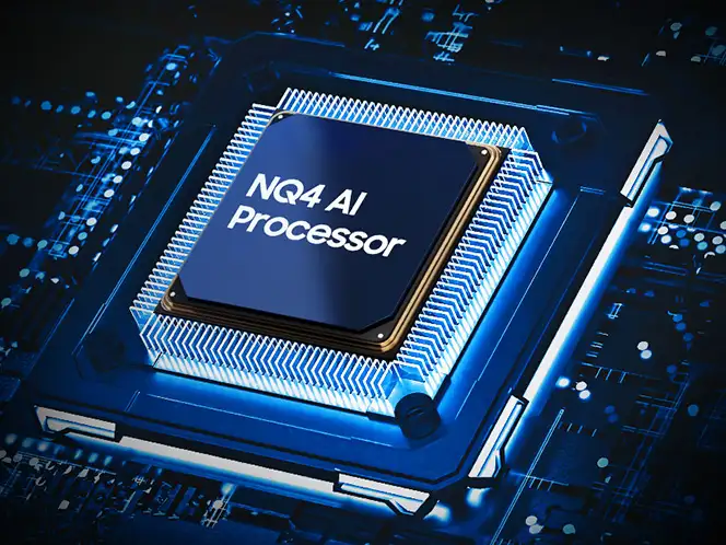 Obraz przedstawia procesor z napisem \'NQ4 AI Processor\' umieszczony na płytce drukowanej z niebieskim podświetleniem.