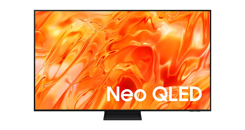 Telewizor z dużym ekranem wyświetlający abstrakcyjny, pomarańczowy wzór. Na ekranie widoczny jest napis \'Neo QLED\'.