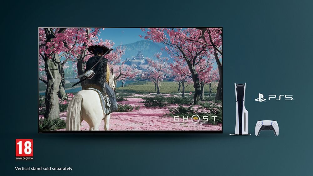SONY BRAVIA 9 II K-85XR95M2 HDMI 2.1 4K 120Hz VRR ALLM Auto HDR Tone Mapping PS5 gaming, telewizor, konsola oraz kontroler na ciemnym tle