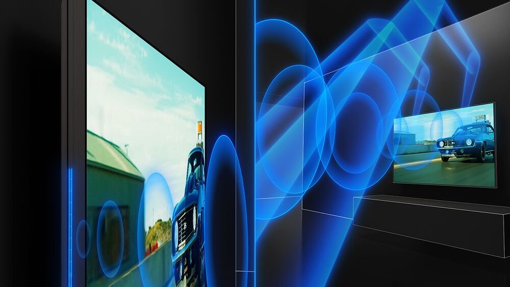 SONY BRAVIA 9 II K-85XR95M2 Beam Tweeter głośniki w ramce ekran dźwięk z obrazu kino domowe audio, wizualizacja telewizora zawieszonego na ścianie w pomieszczeniu