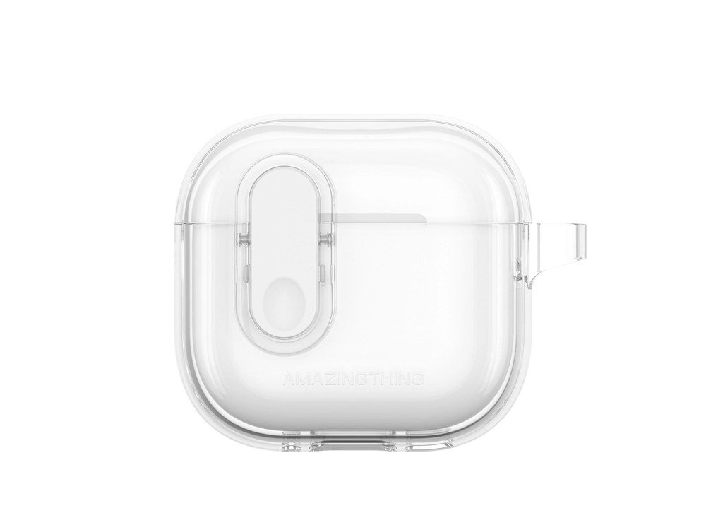 Przezroczyste etui AmazingThing Click Case na AirPods 4 zamknięte, widok od przodu z widocznym logo marki na białym tle.