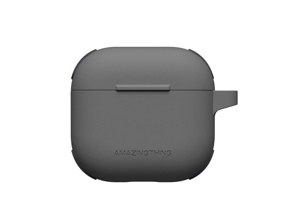Szare etui AmazingThing Omni Case do AirPods 4 widziane od tyłu z widocznym logo marki na białym tle.