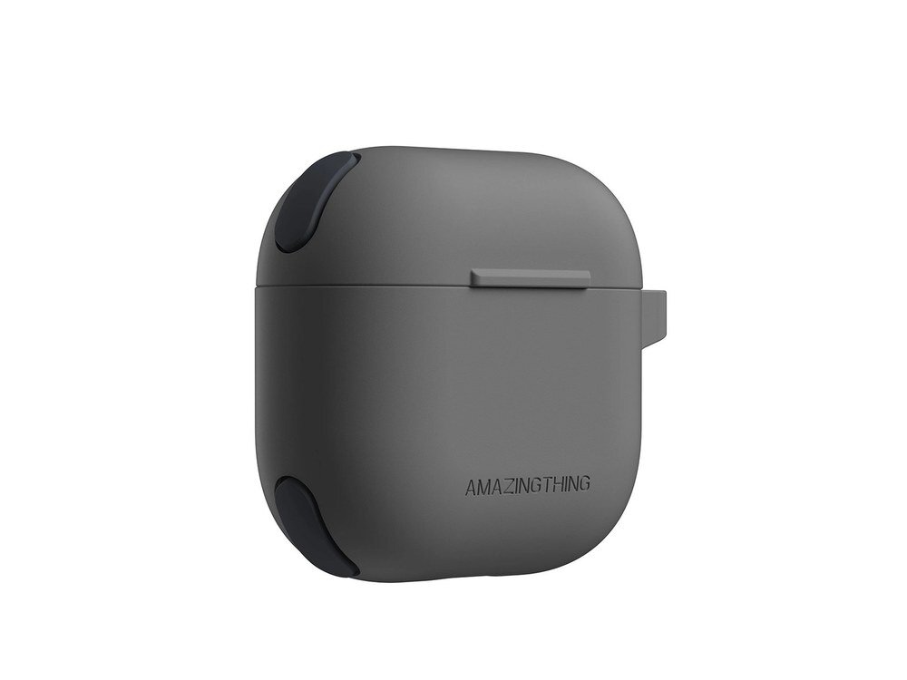 Szare etui AmazingThing Omni Case na AirPods 4 widziane z boku pod kątem z widocznymi narożnymi wzmocnieniami na białym tle.
