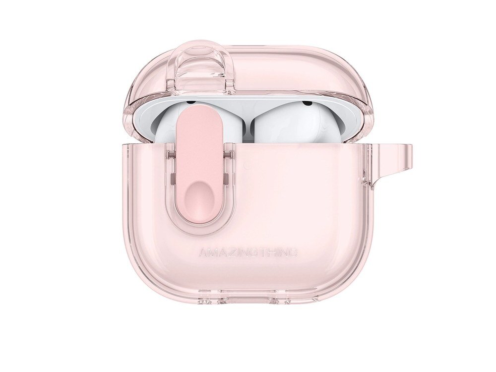 Różowe przezroczyste etui AmazingThing Click Case do AirPods 4 otwarte z widocznymi słuchawkami w środku, ujęcie frontalne na białym tle.