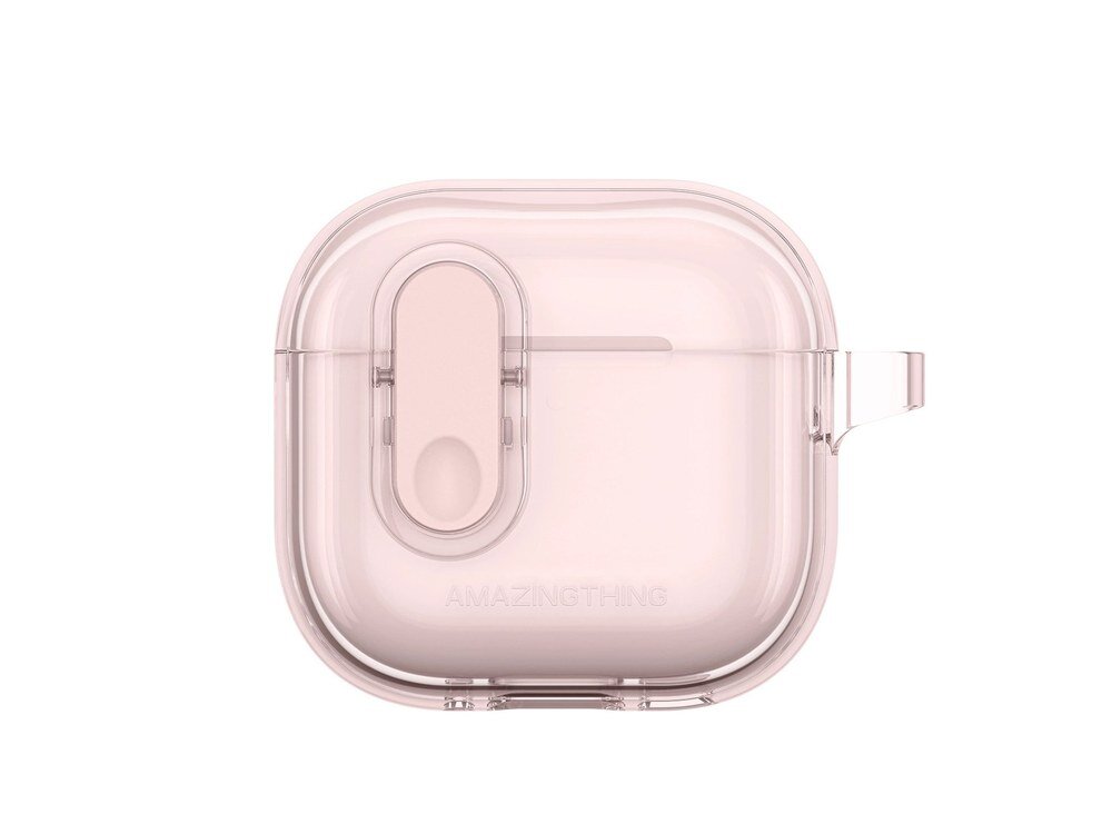 Różowe przezroczyste etui AmazingThing do AirPods 4 widziane od tyłu z widocznym mechanizmem suwaka i pętelką na białym tle.