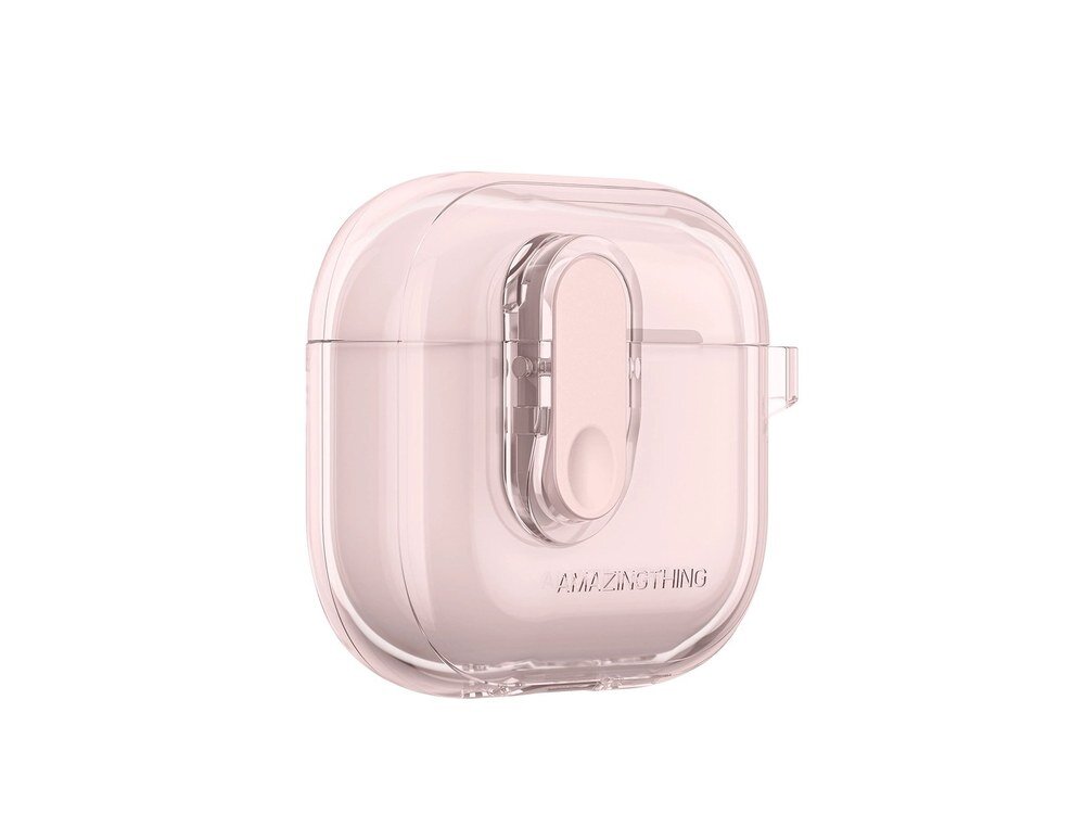 Różowe etui AmazingThing Click Case do AirPods 4 widziane z boku z widocznym suwakiem blokującym i pętelką do karabińczyka na białym tle.