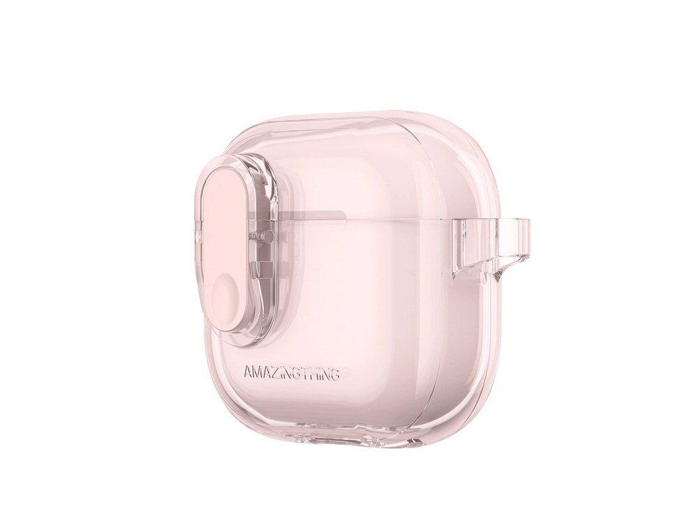 Różowe przezroczyste etui AmazingThing do AirPods 4 widziane pod kątem z widocznymi zaokrąglonymi narożnikami i logiem marki na białym tle.
