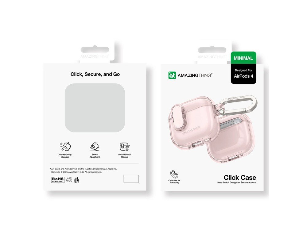 Opakowanie etui AmazingThing Click Case do AirPods 4 — przód z grafiką produktu i tył z opisem właściwości na białym tle.