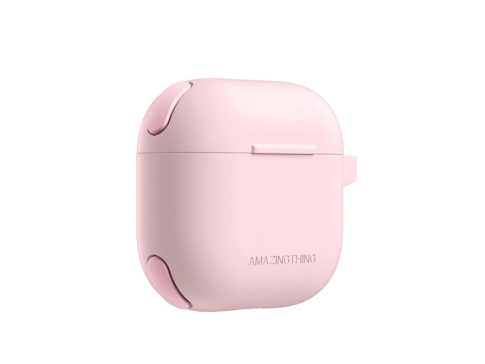 Różowe etui AmazingThing Omni Case do AirPods 4 ukazane pod kątem trzy czwarte z widocznym uchwytem i matową powierzchnią.