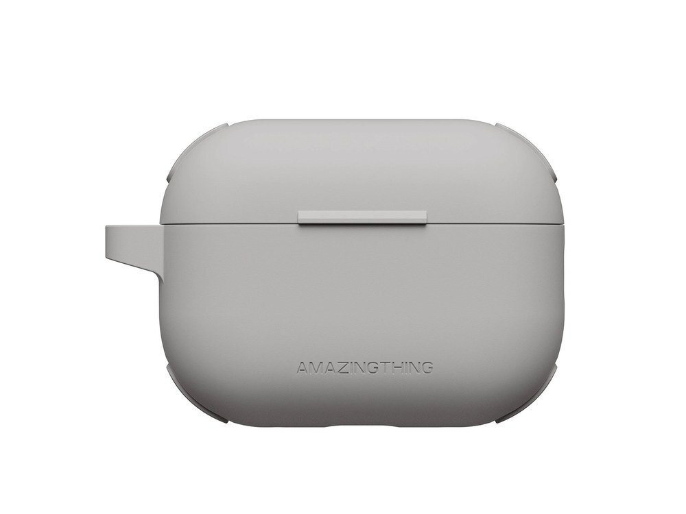 Szare silikonowe etui AmazingThing Omni Case do AirPods Pro 2 widziane od przodu na białym tle, z widocznym logiem marki.