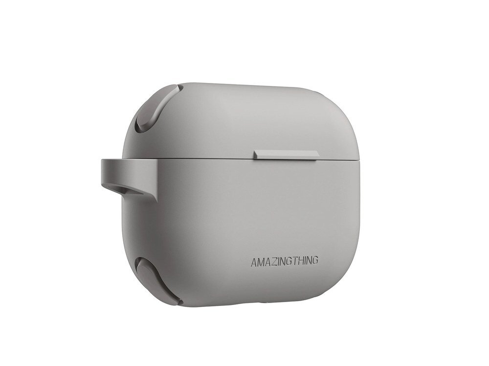 Szare etui AmazingThing Omni Case do AirPods Pro 2 ukazane pod kątem z widocznym karabińczykiem po lewej stronie i zaokrąglonymi narożnikami.