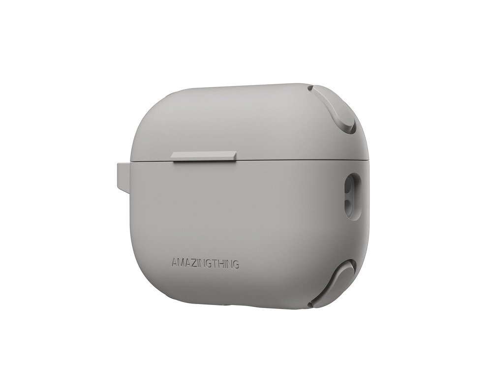 Szare etui AmazingThing Omni Case do AirPods Pro 2 widoczne od tyłu z karabińczykiem po lewej i otworem na port ładowania po prawej stronie.