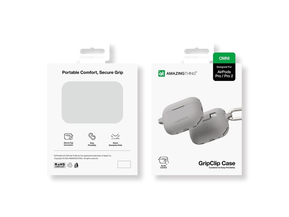 Pudełko produktu AmazingThing Omni GripClip Case na AirPods Pro 2, przód i tył opakowania z ikonami funkcji i opisem Portable Comfort Secure Grip.