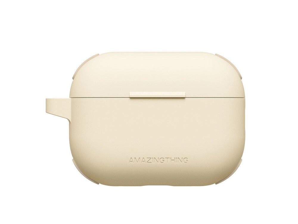 Kremowe etui silikonowe AmazingThing Omni Case do AirPods Pro 2 widziane od przodu na białym tle, z logo marki wytłoczonym na spodzie.