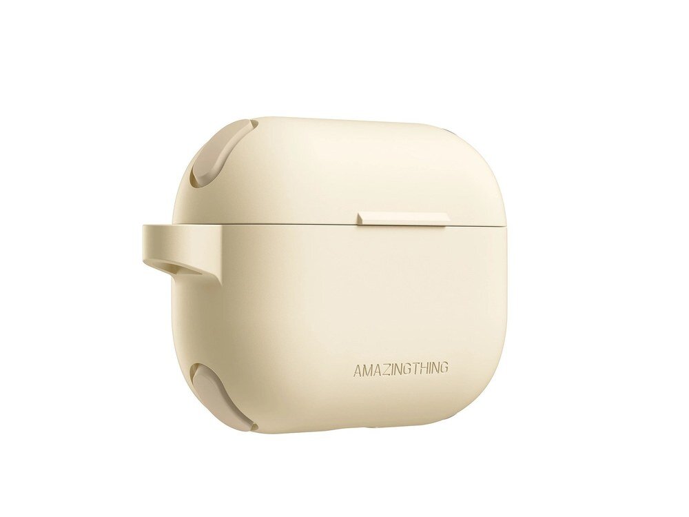 Kremowe etui AmazingThing Omni Case do AirPods Pro 2 ukazane pod skosem z lewej strony, z widocznym karabińczykiem i wytłoczonym logo na białym tle.
