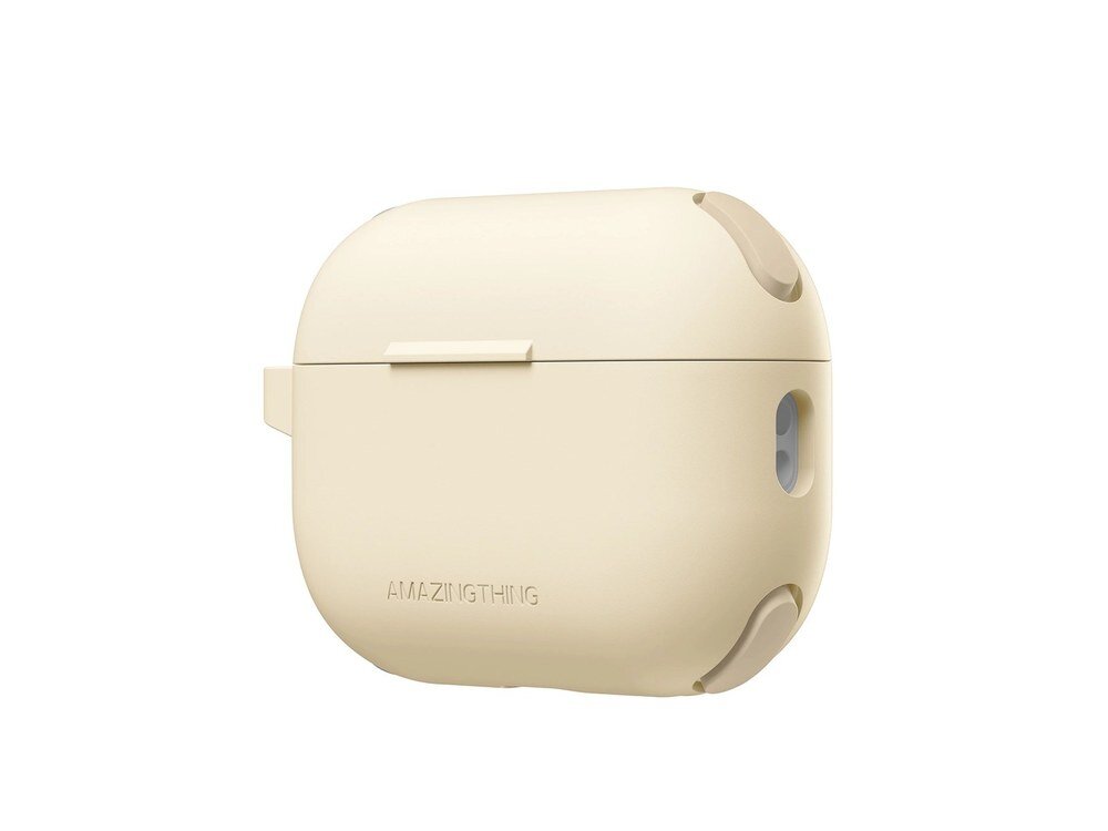 Kremowe etui AmazingThing Omni Case do AirPods Pro 2 widziane z prawej strony, z wyraźnie widocznym otworem oraz karabińczykiem w dolnym rogu.