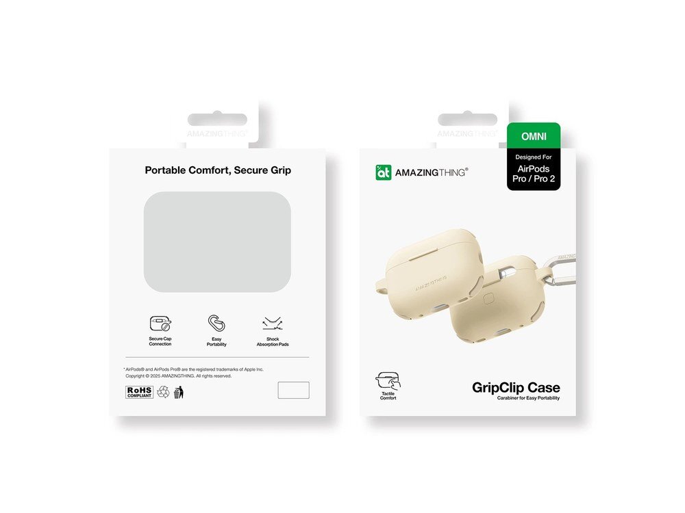 Opakowanie produktu AmazingThing GripClip Case Omni — widok przodu i tyłu pudełka z opisami funkcji oraz zdjęciem kremowego etui do AirPods Pro i Pro 2.