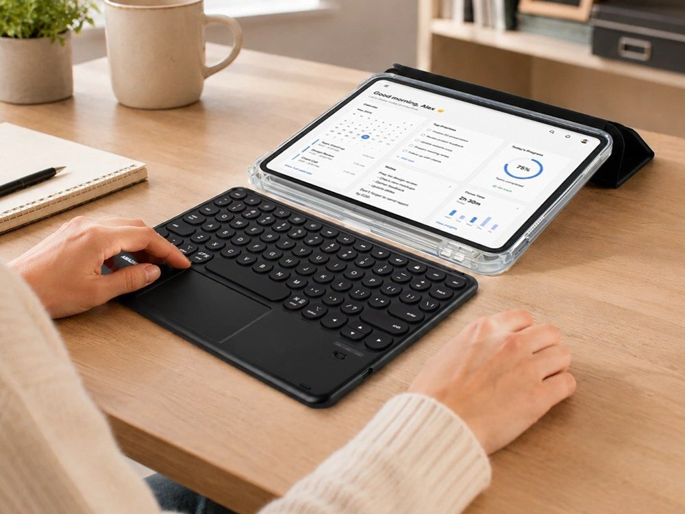 Kobieta przy drewnianym biurku przeglądająca pulpit zadań na iPadzie w przezroczystym etui, ustawionym pod kątem na klawiaturze AmazingThing z touchpadem.