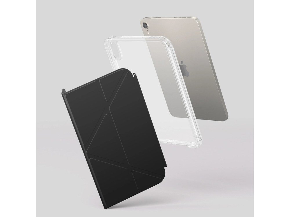 Obraz przedstawia przezroczyste etui na tablet oraz czarne etui z geometrycznym wzorem. W tle widoczny jest tablet w kolorze srebrnym.