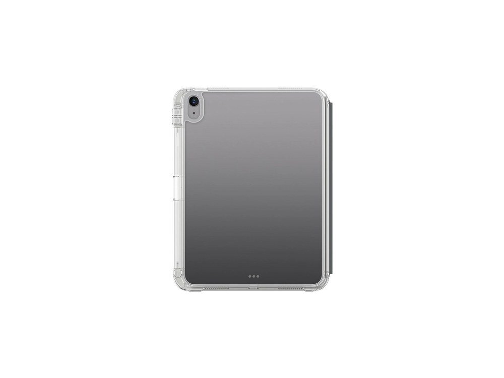Przezroczyste etui na tablet z widocznym miejscem na aparat w górnym rogu. Etui ma zaokrąglone rogi i jest w kolorze czarnym.