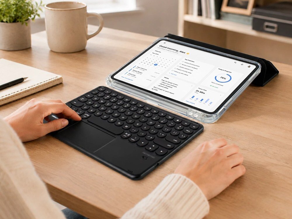 Kobieta przy drewnianym biurku używa czarnej klawiatury AmazingThing z touchpadem, iPad w przezroczystym etui z widocznym ekranem aplikacji.