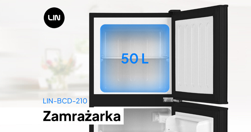Obraz przedstawia otwartą czarną lodówkę z widoczną zamrażarką o pojemności 50L. Na obrazie znajduje się tekst: \'LIN-BCD-210 Zamrażarka\' oraz logo \'LIN\'.