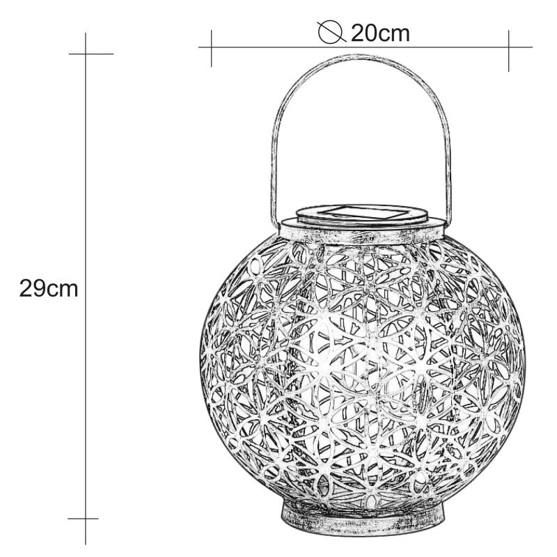 Ilustracja przedstawia lampę solarną o ażurowym wzorze z uchwytem, o wymiarach 29 cm wysokości i 20 cm średnicy.